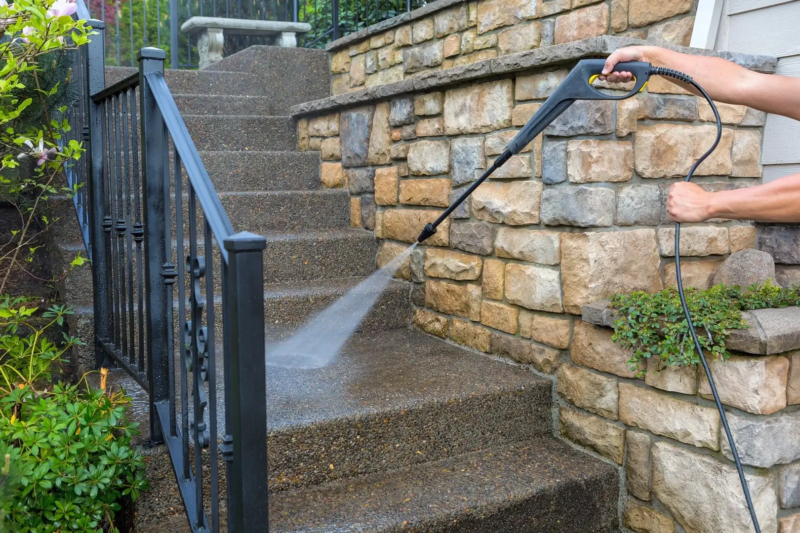 Pressure washing stone steps and wall Indianapolis Walden Window & Pressure Washing