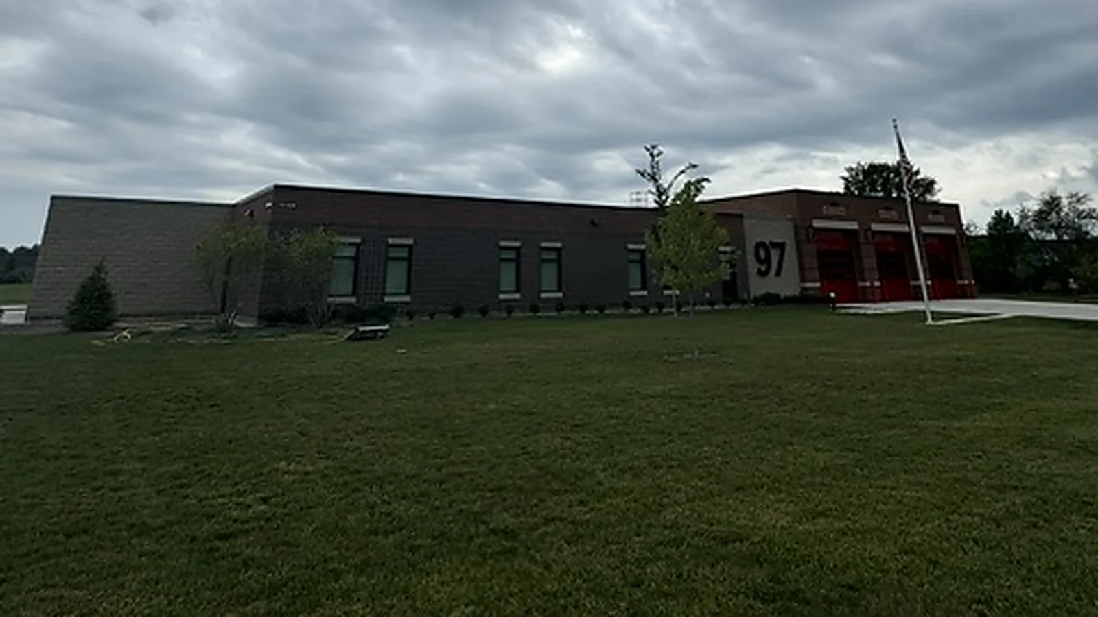 Fishers Fire Station 97, a single story station with apparatus bay doors and entry glass