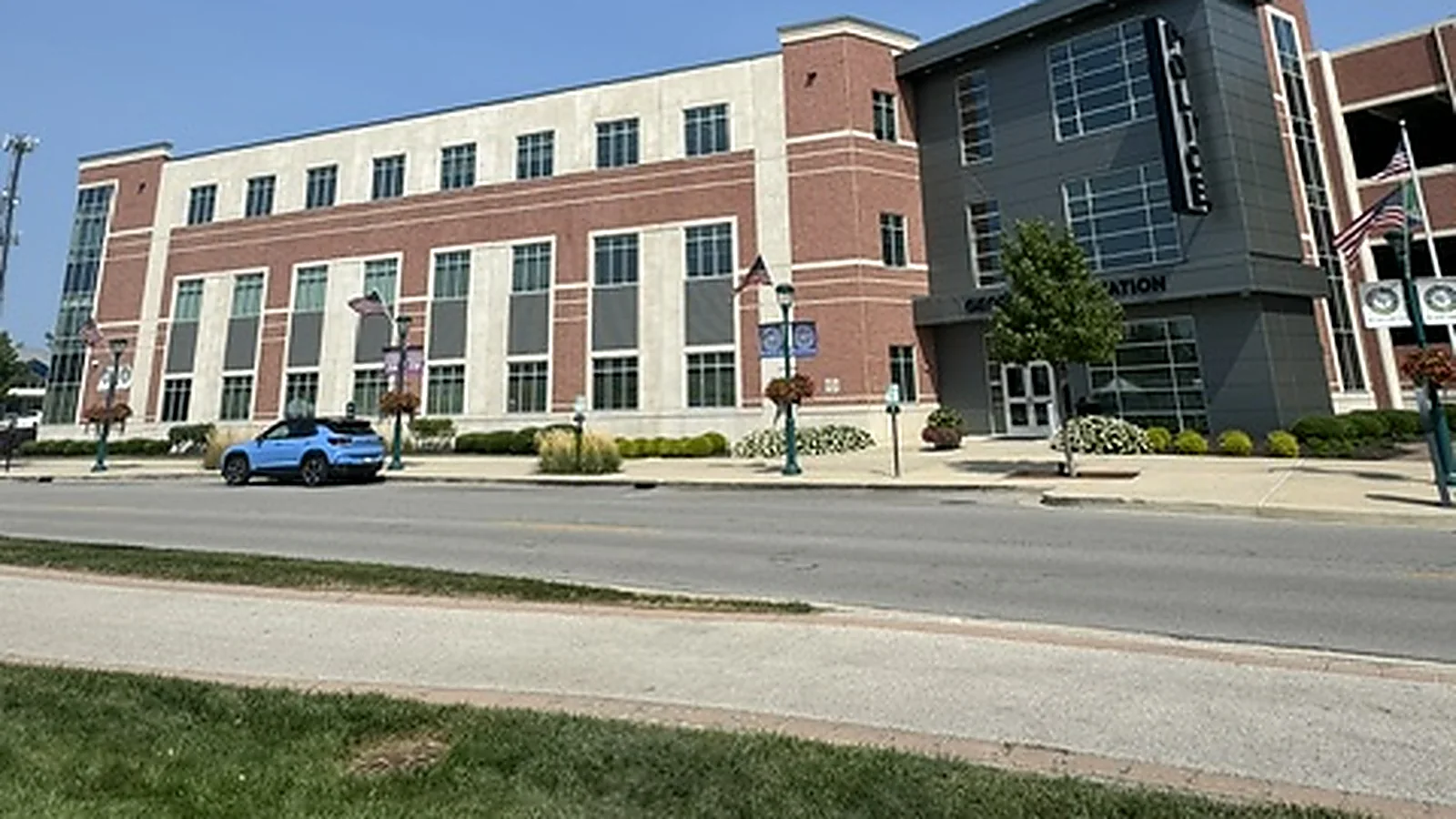 The Fishers municipal complex, a City of Fishers building with three floors of glass