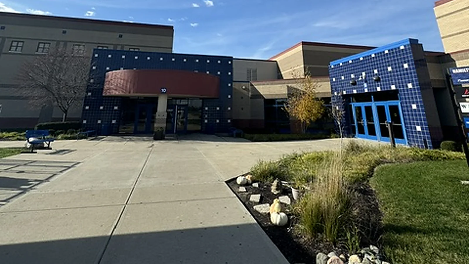 The main entrance and blue tile facade at Hamilton Southeastern High School